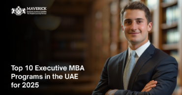 A confident young professional in a suit standing in a library, representing leadership and executive education. The image promotes the Top 10 Executive MBA Programs in the UAE for 2025, emphasizing career growth and advanced business education.