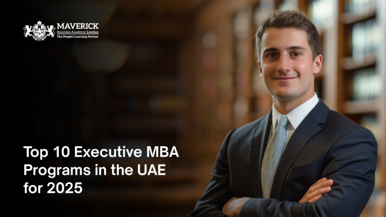 A confident young professional in a suit standing in a library, representing leadership and executive education. The image promotes the Top 10 Executive MBA Programs in the UAE for 2025, emphasizing career growth and advanced business education.