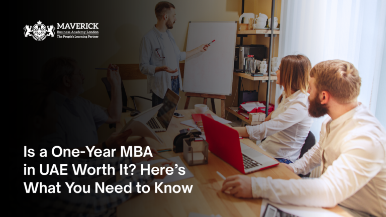 A professional business meeting with a presenter explaining concepts on a whiteboard while colleagues engage in discussion. The image represents career growth, leadership, and education, aligning with the blog "Is a One-Year MBA in UAE Worth? Here’s What You Need to Know.