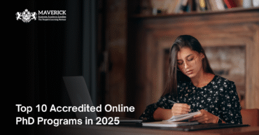 Woman studying at a desk with a laptop and notebook, representing online PhD students. Text overlay reads "Top 10 Accredited Online PhD Programs in 2025" by Maverick Business Academy London.