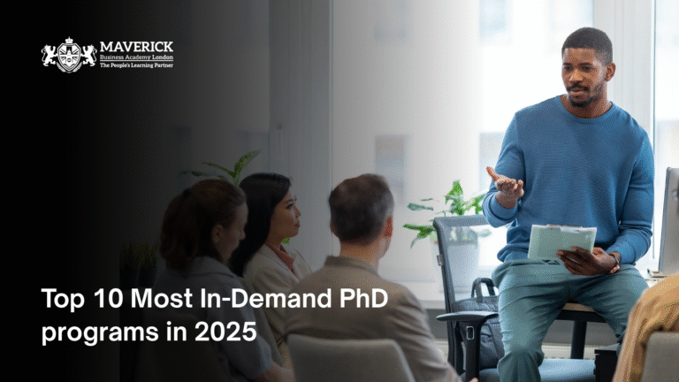 Professional speaker presenting to a group of diverse learners, illustrating a discussion on top in-demand PhD programs for 2025