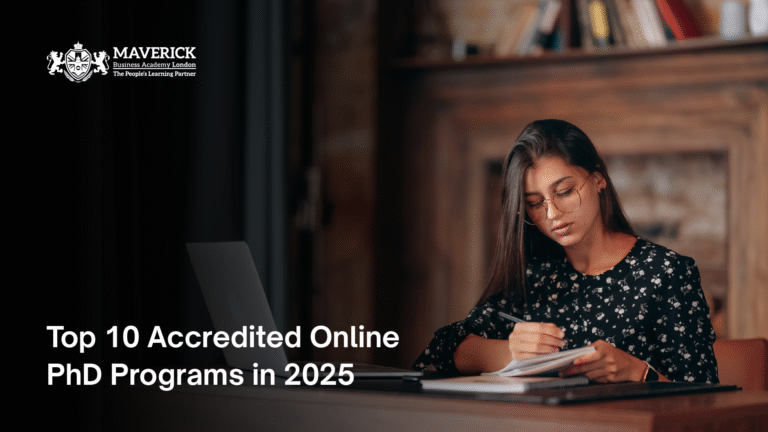 Female student researching accredited online PhD programs for 2025 at Maverick Business Academy London, studying at desk with laptop and notebook.