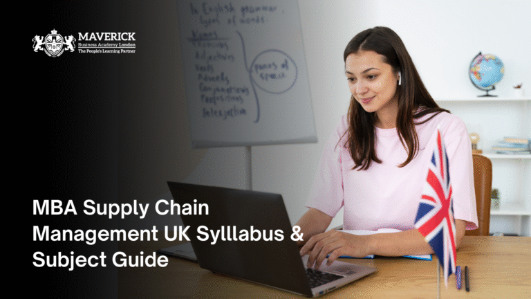 Student studying online with a UK flag on desk, representing MBA Supply Chain Management education in the UK at Maverick Business Academy.