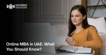 Woman studying online with notebook and laptop, representing flexible learning for Online MBA programs in the UAE at Maverick Business Academy.