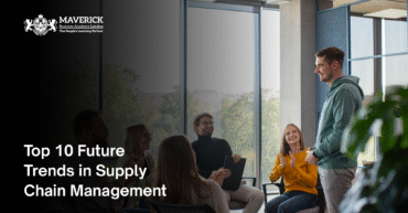 Team brainstorming session in a modern office setting with the Maverick Business Academy London logo and blog title “Top 10 Future Trends in Supply Chain Management” displayed.