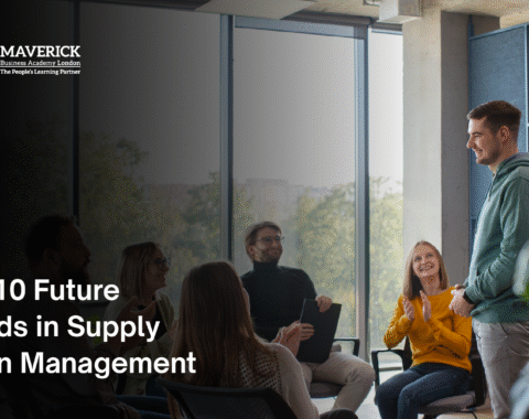 Team brainstorming session in a modern office setting with the Maverick Business Academy London logo and blog title “Top 10 Future Trends in Supply Chain Management” displayed.