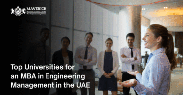 Professional team attending a leadership seminar, representing top universities offering MBA in Engineering Management in the UAE – Maverick Business Academy branding displayed.