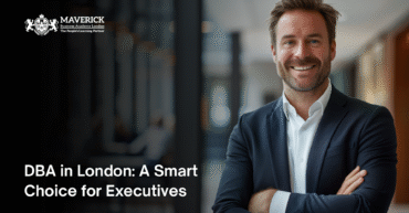 Confident executive standing in a modern office, representing senior professionals pursuing a Doctor of Business Administration (DBA) in London at Maverick Business Academy.