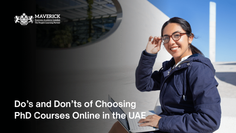 Smiling female student using a laptop outdoors, representing online PhD courses in the UAE – Maverick Business Academy London.