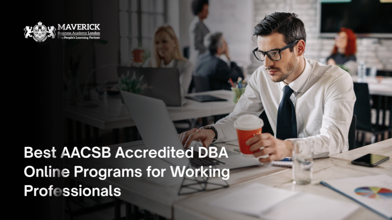 Business professional working on a laptop with coffee in hand, representing AACSB accredited online DBA programs for working professionals.