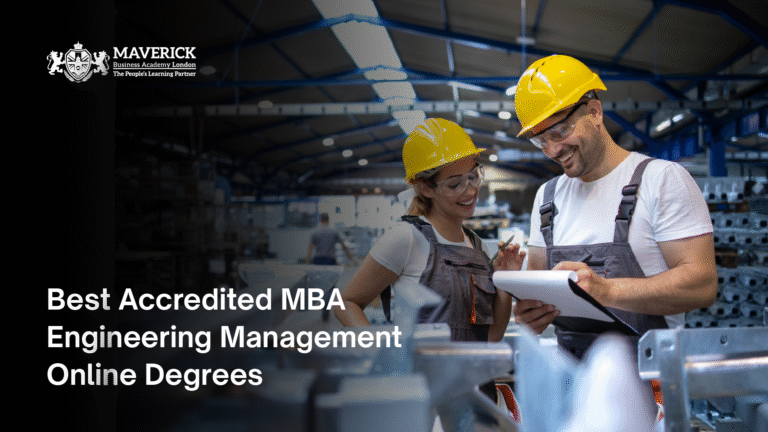 Engineers in safety helmets discussing plans inside a factory, representing accredited online MBA in Engineering Management programs
